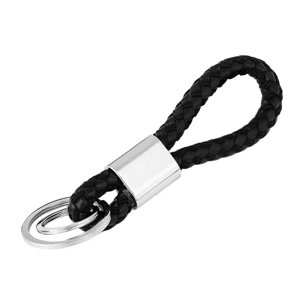 

Handmade Double Loop PU Braided Rope Keychain Car Key Chain Cool Metal Stainless Steel Car Key Ring Leather Keychain