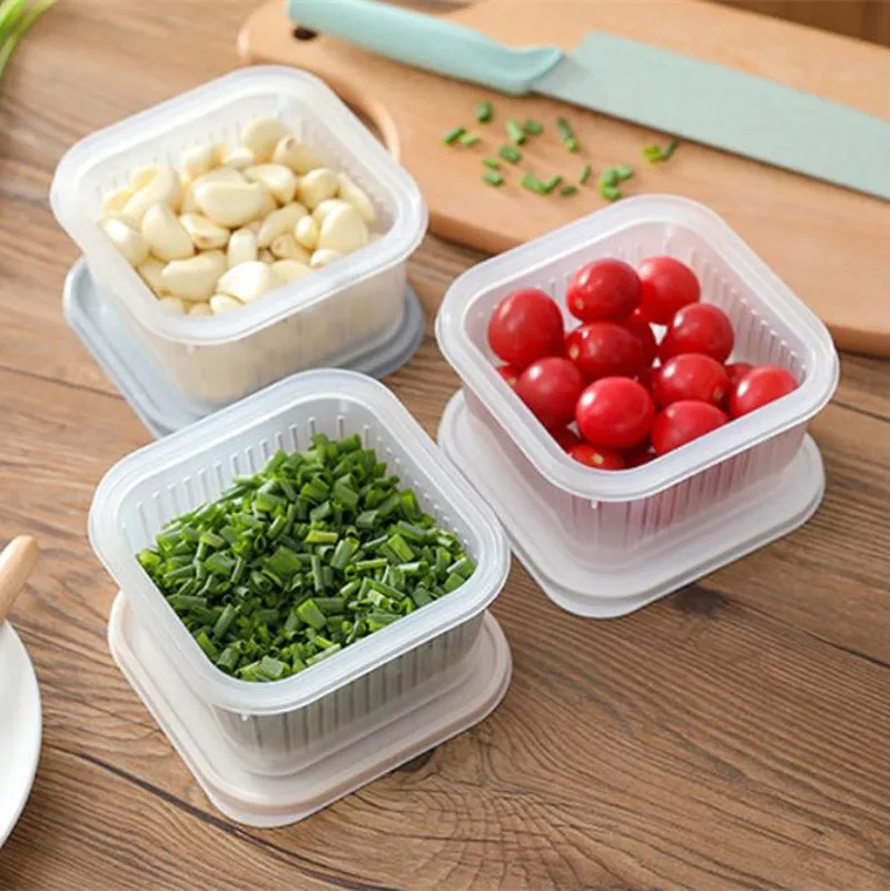 

Crisper Kitchen Ginger Garlic Chopped Flower Storage Box Refrigerator Fruit Portable Square Drain Seal Box