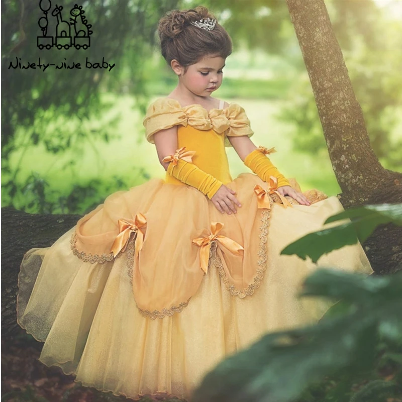 New Girls Belle Princess Dress Cosplay Costume Birthday Party Clothes Children Halloween Long Gown Beauty and the Beast Costume
