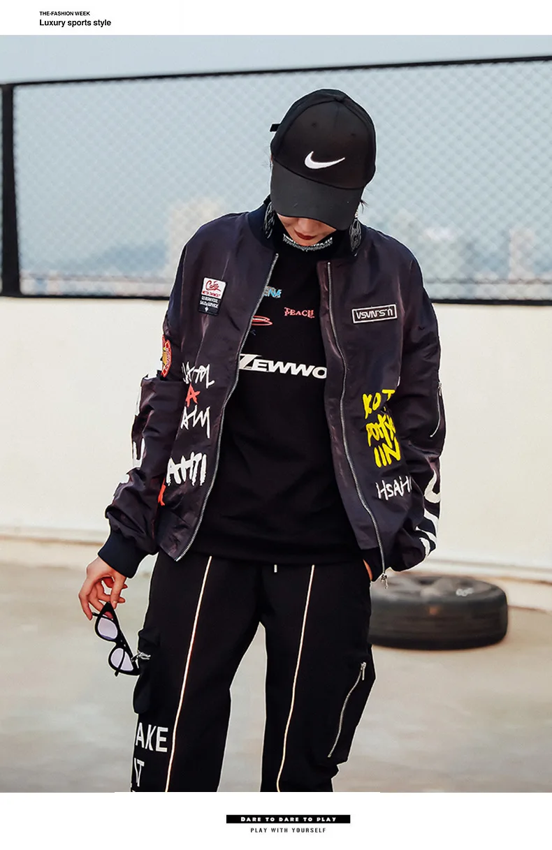 Cool Badges Race Jackets Punk Black Zipper Bomber Baseball Jacket Autumn Fashion Woman Jackets Casual Street Coats SA342S30