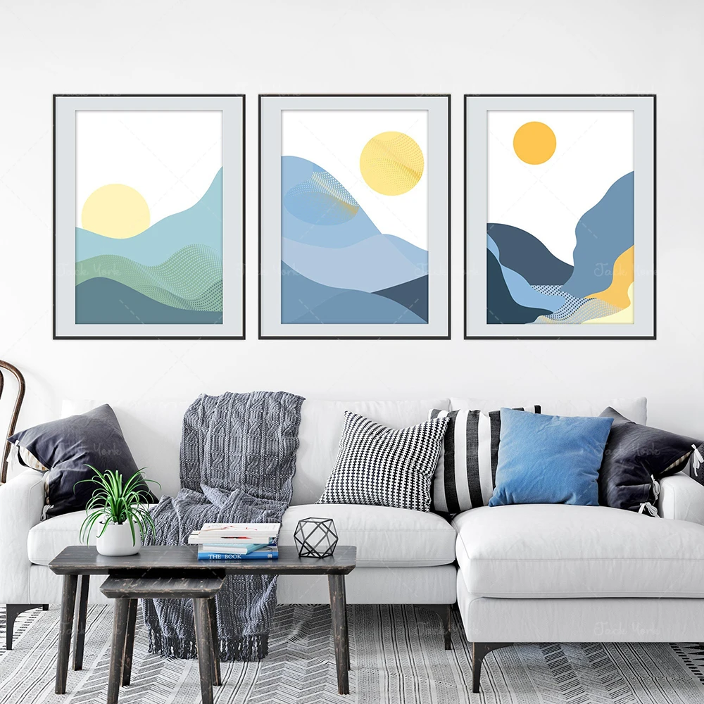 Modern Scandinavo Mountain, Abstract Landscape Sun Set Di 3, Nordic Panorama Blue Scenery Prints, Modern Home Decor, Monochro