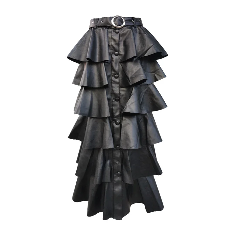 Цветная дизайнерская юбка для подиума, женская черная юбка с оборками из искусственной кожи, женская уличная юбка с высокой талией и пуговицами, осень
