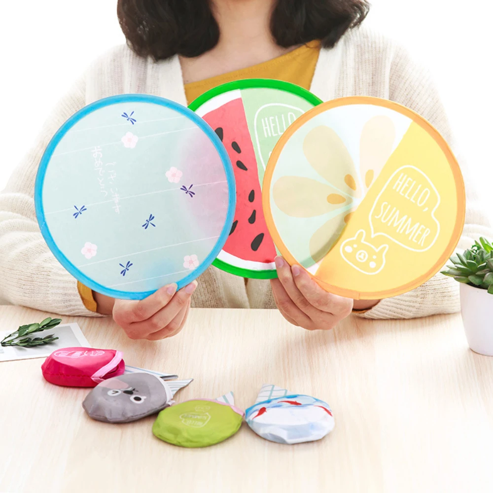

New Hanging Folding Portable Cartoon Hand Fan Summer Nylon Round Shape Mini Fan Hand Fans Folding Paper Fans Home Cooling Tools