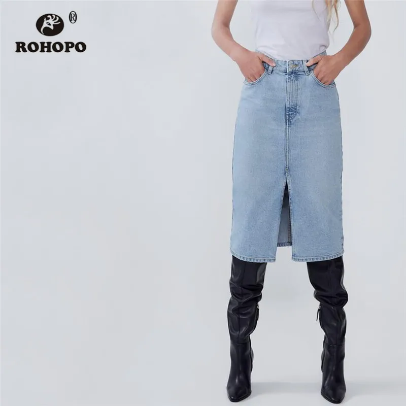 

ROHOPO Sky Blue Denim Midi Skirt Front Split Straight Side and Back Welted Pockets Female Autumn Streetwear Cotton Falda #1108