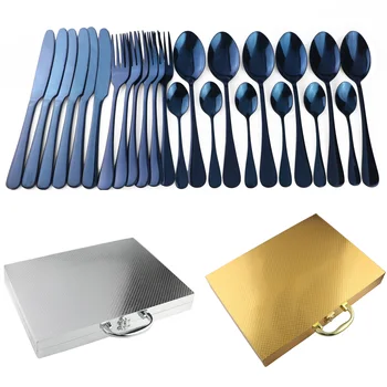 

24PCS/Set Noble Blue Stainless Steel Flatware Set Dinnerware Cutlery Set Knife Fork Spoons Box Gold Silverware Set Drop Shipping