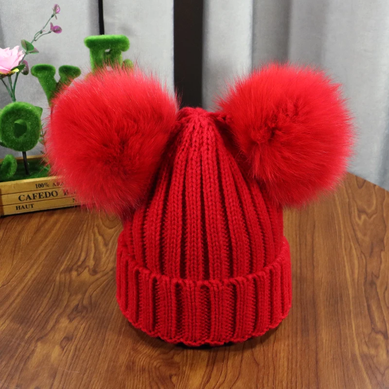 2021 New double natural Pom Poms hat Girls Boys Winter Warm Fur Pompom Ball Knitted Beanies Hat Skullies Beanies Cotton Bonnet