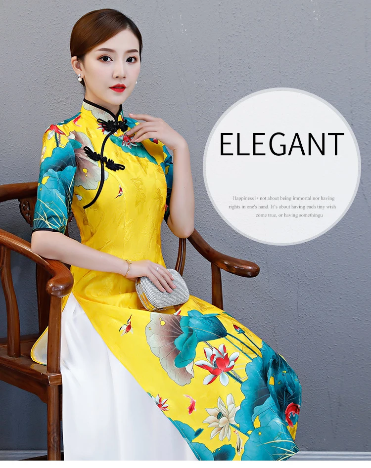 Plus size 5XL cheongsam autumn new female dignified atmosphere Austrian Chinese etiquette Printed pendulum dress Long cheongsam