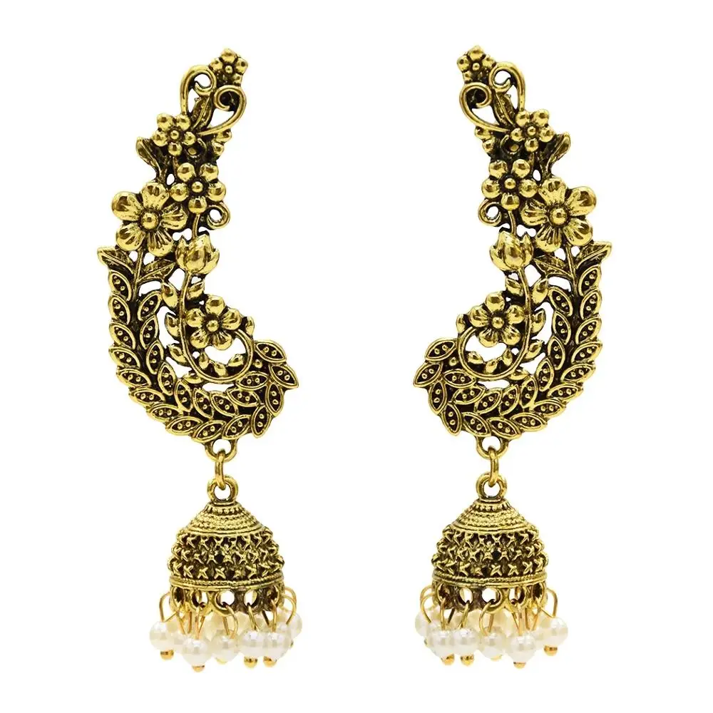 C Индийские окисленные серебряные Висячие серьги для женщин Boho Jhumka резной цветок жемчуг бусина Эффектные серьги ювелирные изделия из турецкой турки - Окраска металла: C