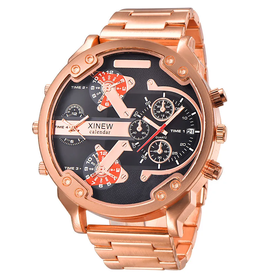 Rose Gold Брендовые Роскошные мужские часы с большим циферблатом, военные мужские кварцевые часы из нержавеющей стали, повседневные спортивные деловые металлические наручные часы, мужские часы - Цвет: Rose Gold