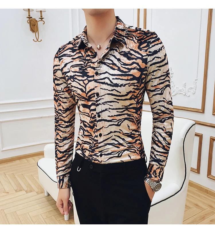 Золотая леопардовая Мужская рубашка с длинным рукавом, повседневные облегающие рубашки, зима, роскошные велюровые рубашки, Мужская одежда, уличная Клубная, социальная одежда