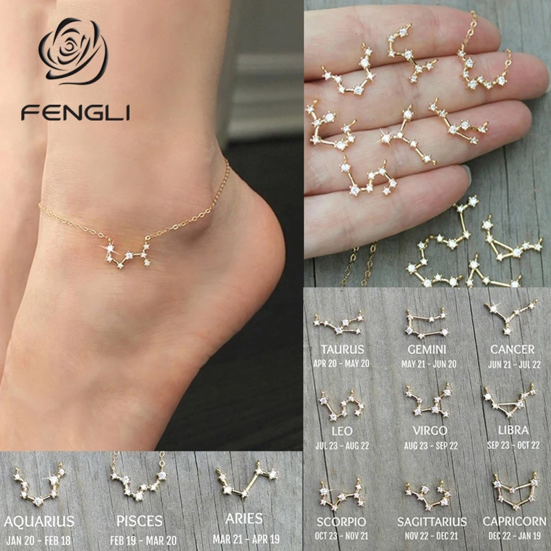 FENGLI Simple Tiny 12 Constellations Anklet for Women Geometric Zircon Zodiac Foot Chain Anklets Statement Jewelry FENGLI Simple Tiny 12 Constellations Anklet for Women Geometric Zircon Zodiac Foot Chain Anklets Statement Jewelry