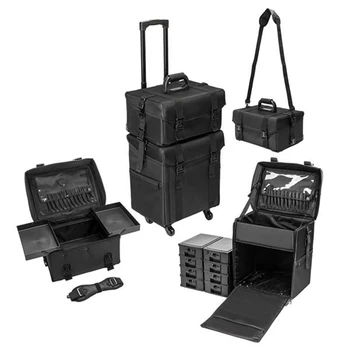 

2-in-1 Professional Artist Travel Storage Cosmetic Case make up case with Drawbar Black cosmetic suitcase beauty luggage bag