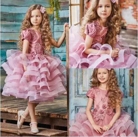 

Pink Flower Girl Dresses with Cap Sleeve Knee Length Organza Ruffles 3D Floral Appliques Girls Pageant Gowns kids Birthday Dress