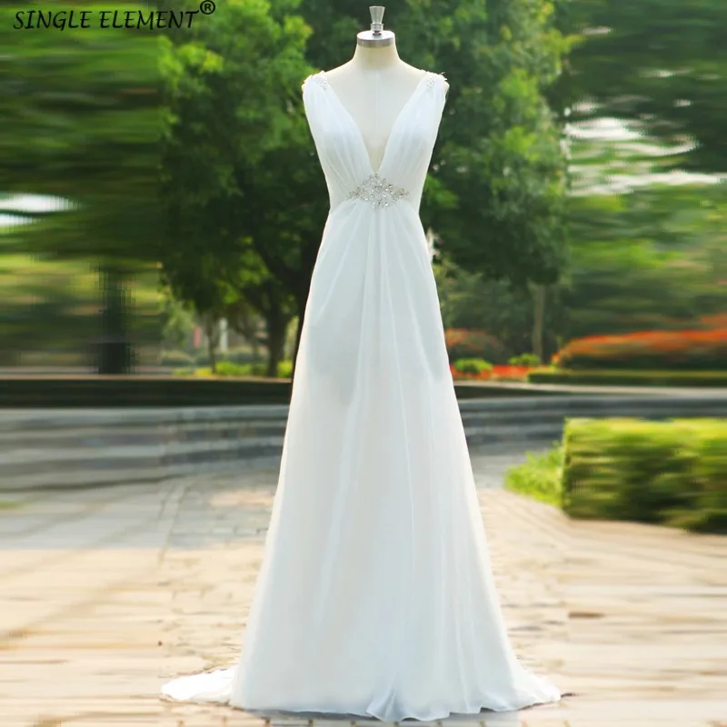 

SINGLE ELEMENT Real A Line Beads Covered Button Modest Chiffon Wedding Dress