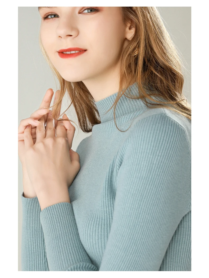 Женский свитер зима тонкий полувысокий круглый вырез кашемир однотонного цвета вязаный джемпер