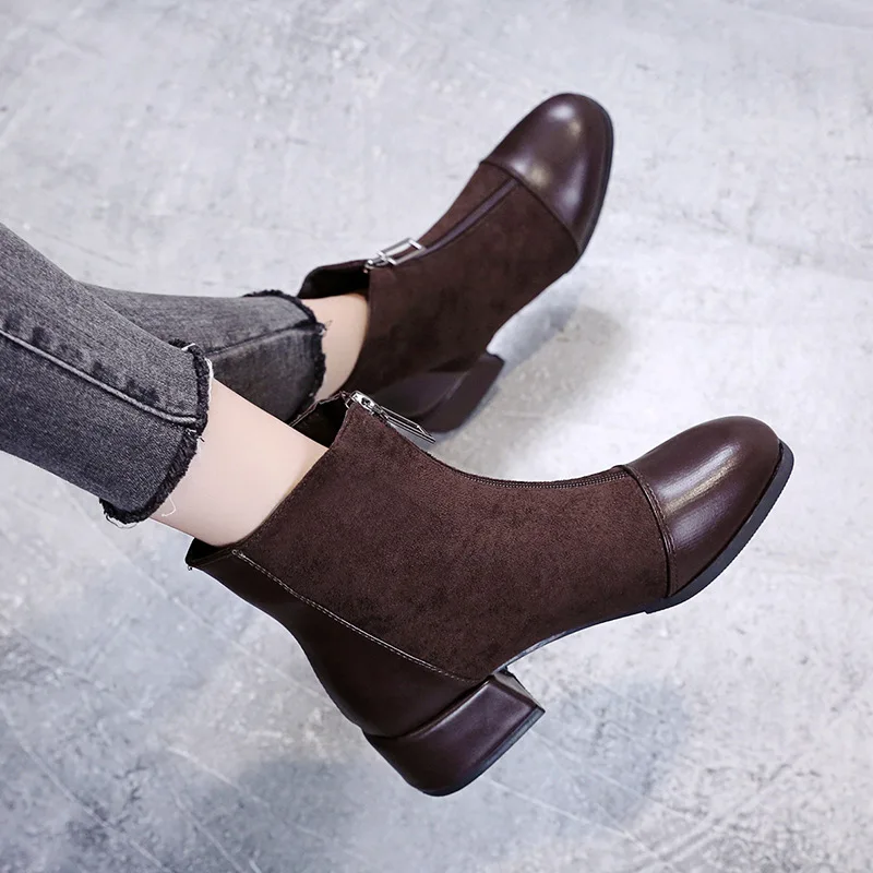 

Autumn And Winter Chunky-Heel Metal Front Zipper Ankle Boots Retro Fabric Leather Stitching Martin Boots Women's Semi-high Heele