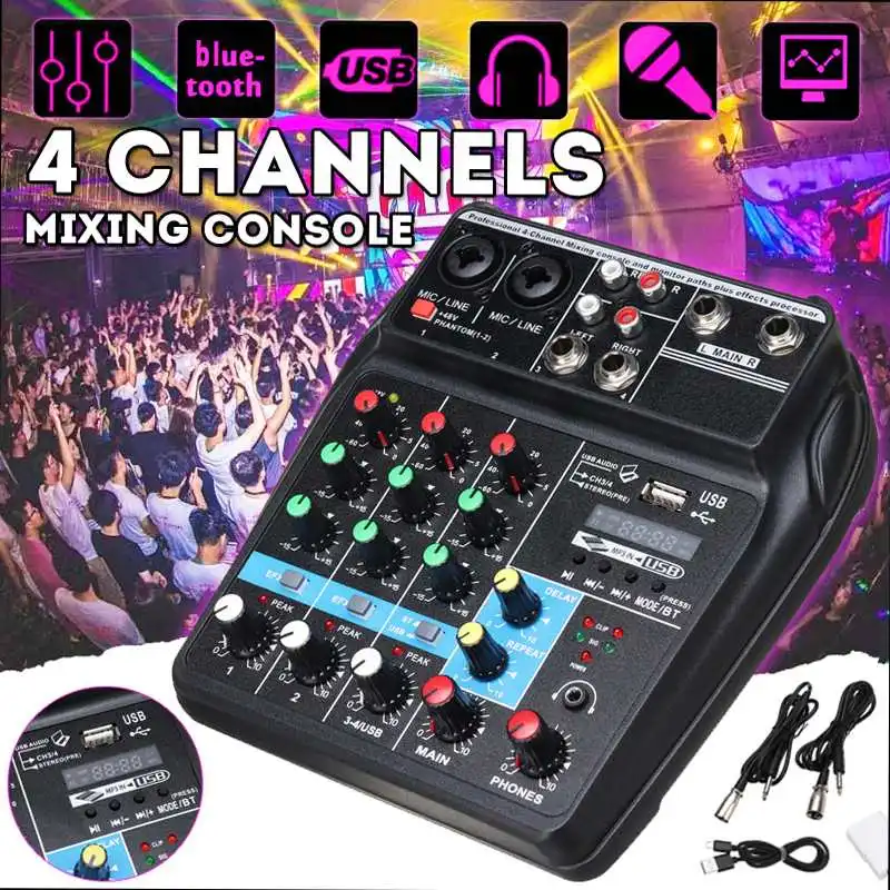 

Professional A4 Mini bluetooth Usb 4 Channel Studio Audio Mixer Digital DJ Sound Mixing Console 48v Phantom Powers Monitor