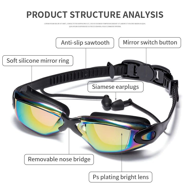 3 PCS  Professional Swimming Goggles Set Earplugs Waterproof Glasses Electroplate Anti-Fog Anti-UV Pull Buckle Adult Silicone