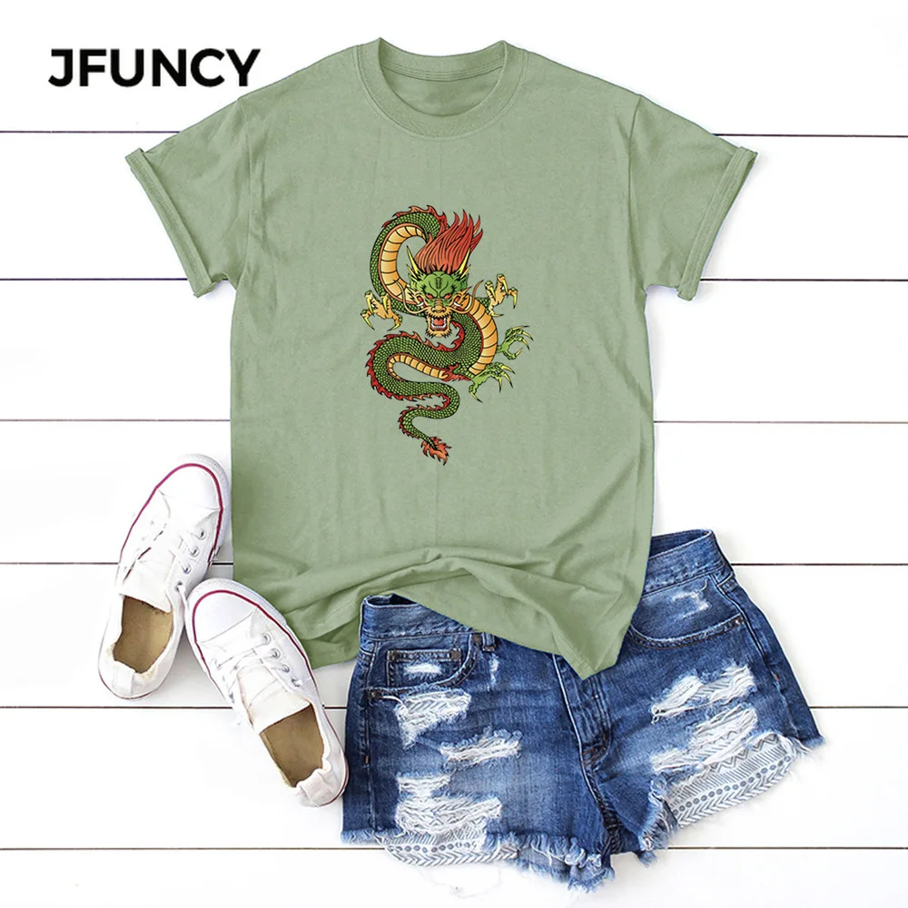 

JFUNCY Plus Size Women T-shirts 2020 Summer Dragon Printed T Shirt Female Short Sleeve Cotton Tshirt Woman Casual Loose Clothes