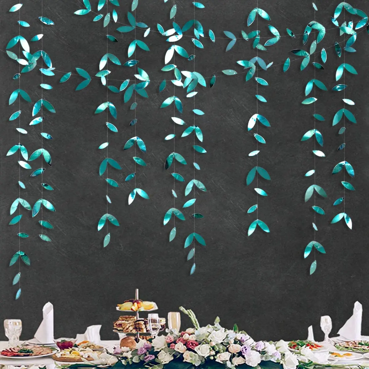 4M dunkles Smaragdgrünes Blattgirlande-Papier zum Aufhängen von Blättern, Streamer, blaugrünes Banner für Sommer, Hochzeit, Geburtstag, Party-Dekorationen – Detail 4
