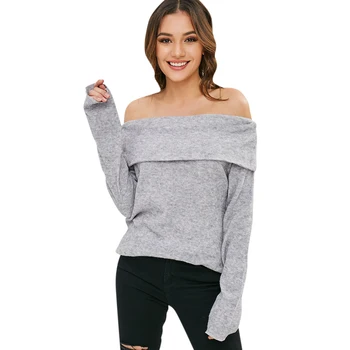 

Autumn Spring off shoulder elastic winter sweater women gray lapel pullover sexy white jumpers Autumn basic knitwear top