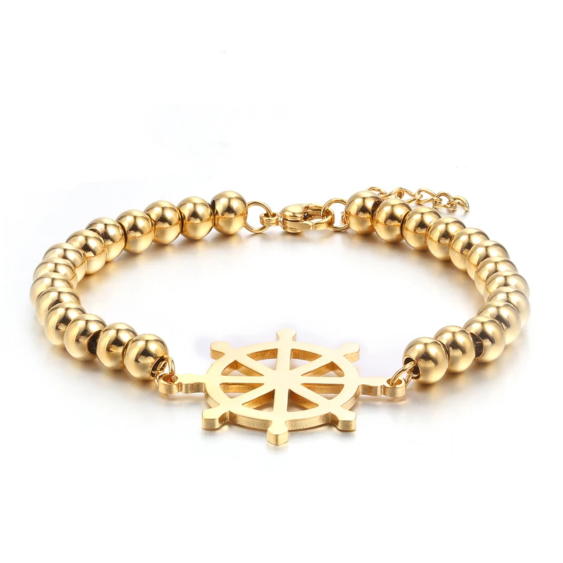Gold Rosary Bead Link Chain Ship Wheel Bracelet In Stainless Steel Mens ...