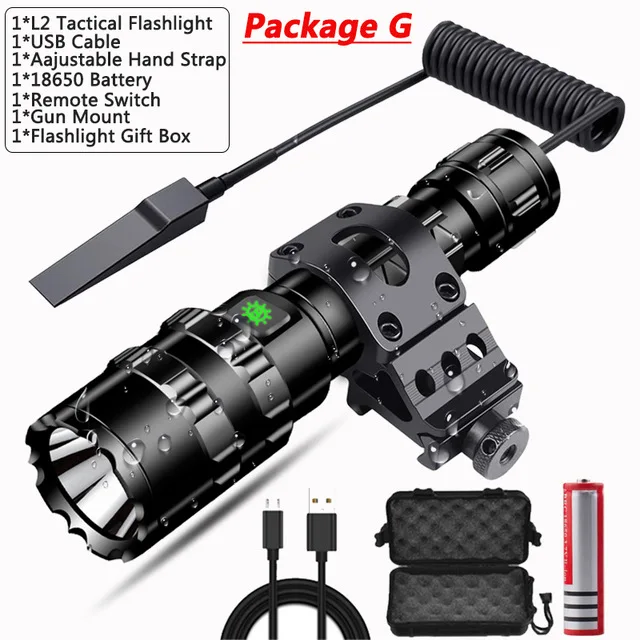 Package G Tactical Flashlight High Lumen L2 LED Light Red/Green/White Waterproof Torch with as Outdoor Hunting Shooting Flashlight - Испускаемый цвет: Package G