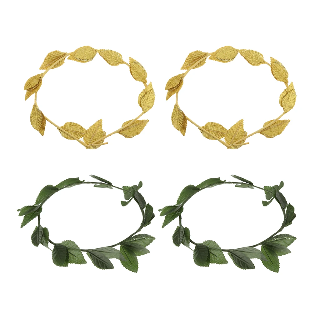 Pack of 4 Pieces Plastic Green Fabric Gold Leaf Hairband, Greek Goddess Laurel Wreath, Fancy Dress Headband