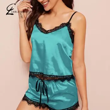 

Sexy Pajamas For Women Lace Sleepwear Set Sleeveless V Neck Pijama Mujer Satin Pyjama Femme Sexy Lingerie