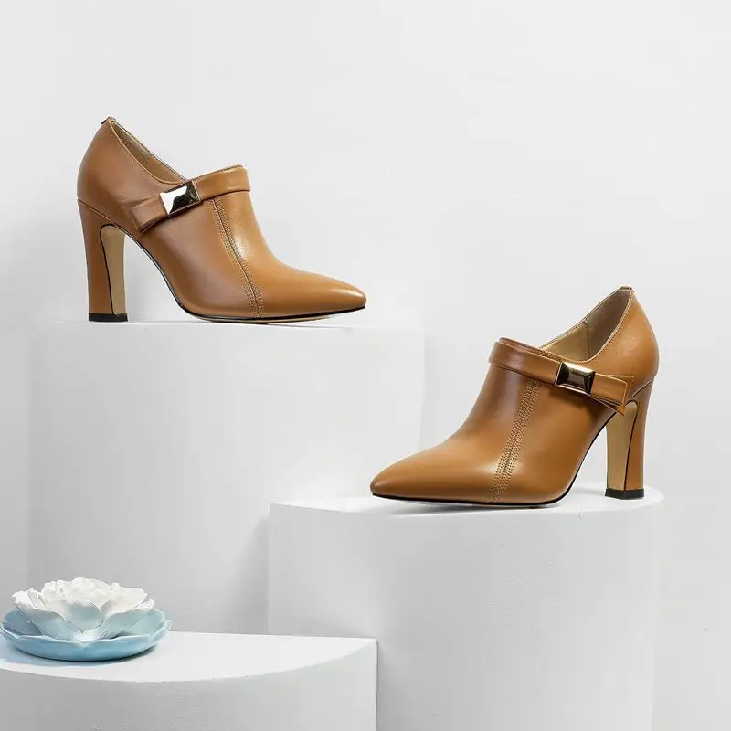 ALLBITEFO high quality genuine leather women heels fashion pointed toe high heel shoes spring autumn office ladies shoes