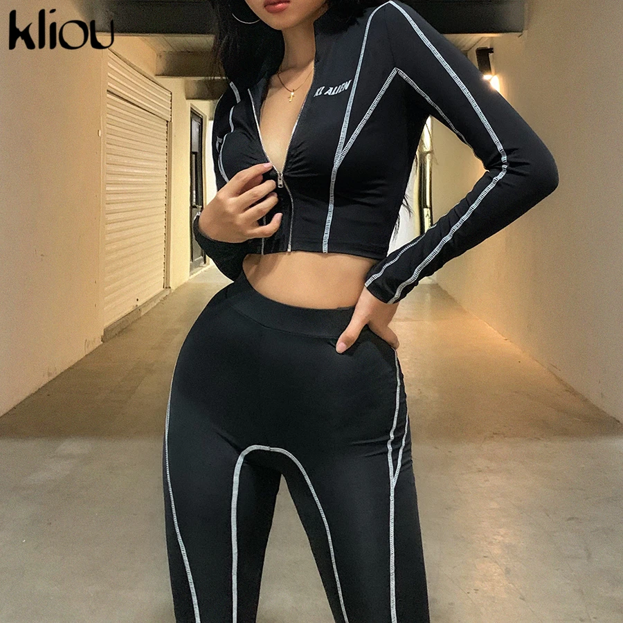 kliou women 2 pieces set fitness tracksuit long sleeve zipper crop top+leggings fashion reflective letters sportswear outfits