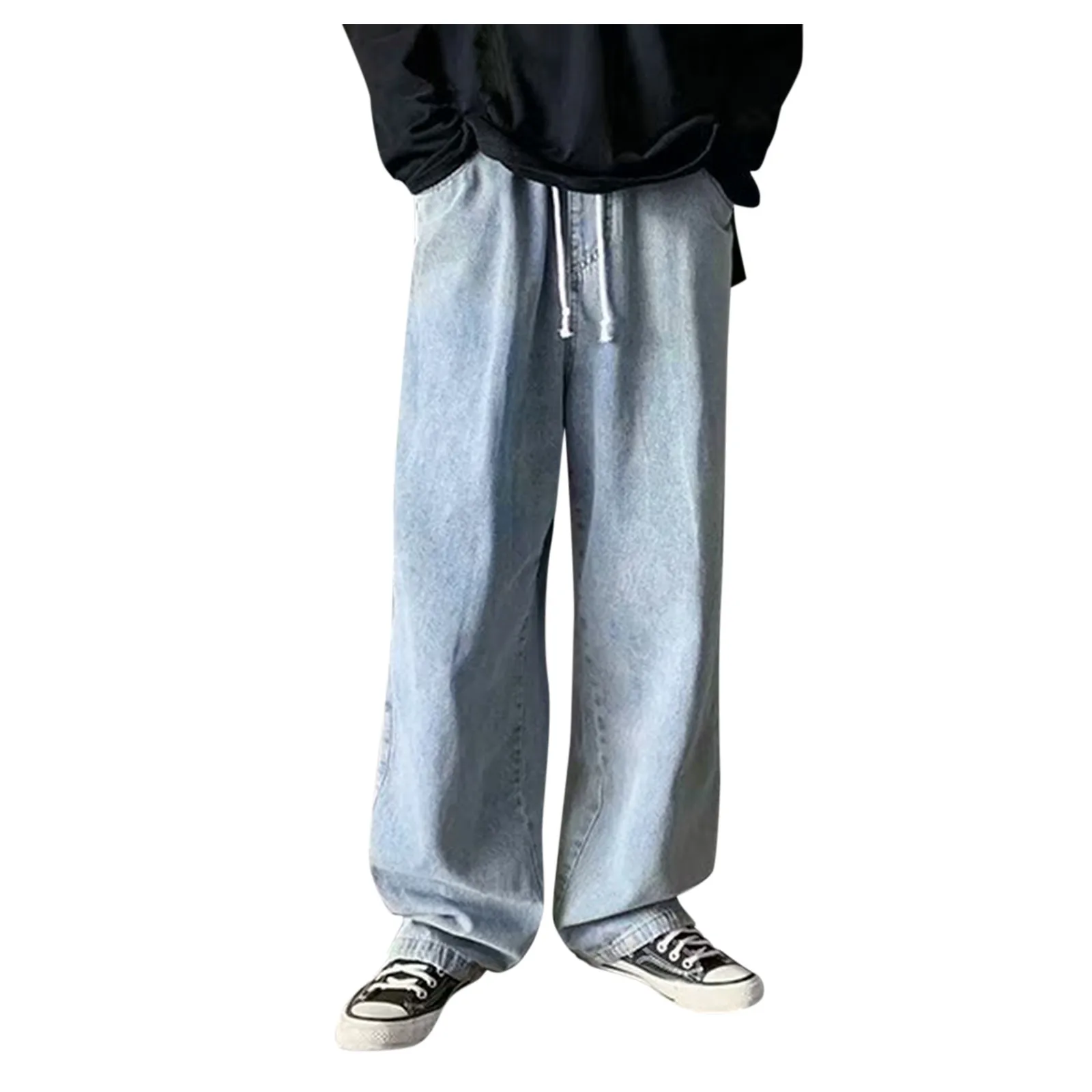 Men's Fashion Comfortable Plus-Size Elastic Waist Casual Daily Loose Jeans Street Wide Leg Trousers Pants pantalones hombre 1