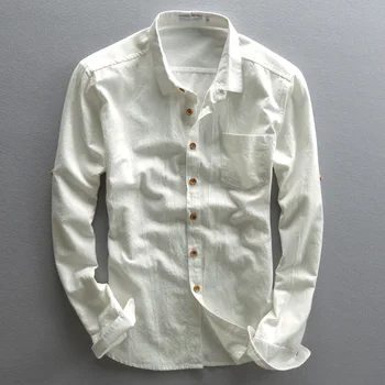 

linen long sleeve shirts cotton slim fit turn down collar casual with front pocket men's dress shirt white gray