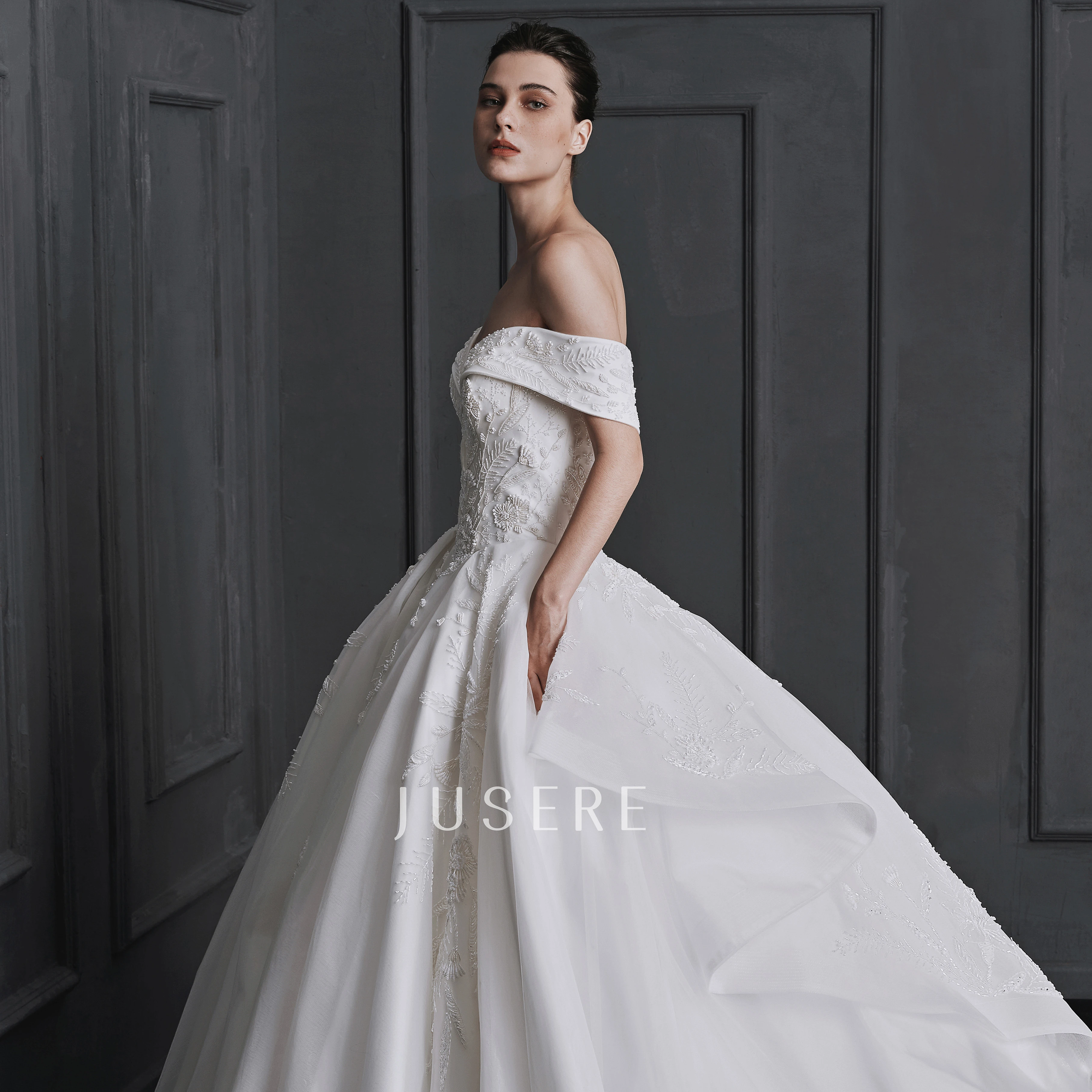 Jusere V-neck ball gown bridal dress whitewedding dress bridal gown off the shoulder beaded dress with cathedral train