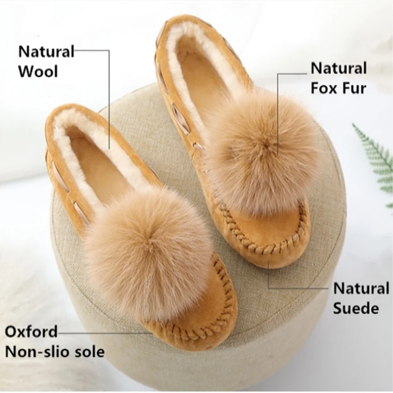 Autumn Winter Suede Shoes Women Flats Genuine Leather Flat Shoes Natural Wool Sheep Fur Natural Ball Fox Fur Women Shoe