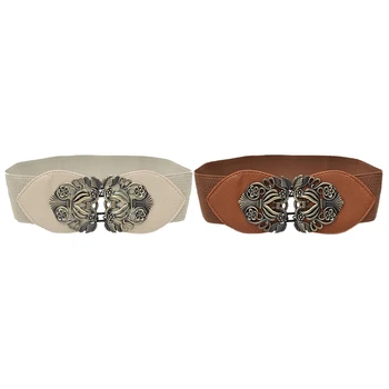 

2pcs Women's Retro Flower Elastic Stretch Buckle Wide Waist Belt Waistband - Beige & Light Tan