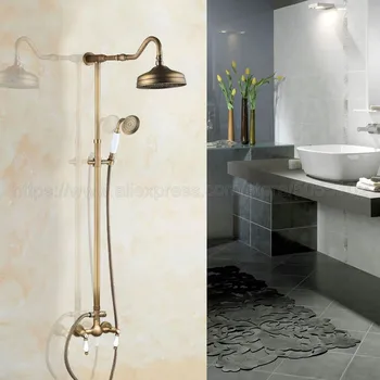 

Antique Brass Wall Mounted 8" Rain Shower Faucet Mixer Set with Bathroom Shower Faucet Hand Shower Sprayer zan517