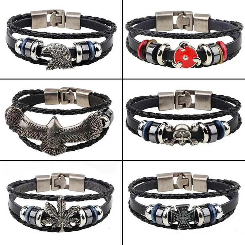 

Female Playing Cards Lucky Poker Ace Eagle Cross Leaf Vintage Black Leather Bracelet CharmMultilayer BraidedWomen Men brawl star