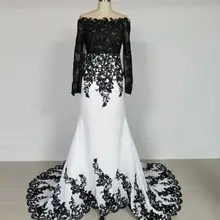 Реальное изображение вырез лодочкой белые и черные вечерние платья Длинные рукава Аппликация Выпускные платья