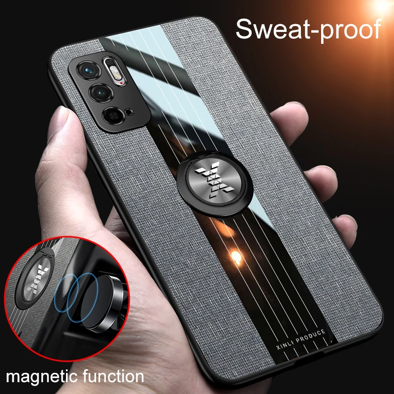 

For POCO M3 Pro Case Ring Holder Fabric Hard Back Cover Soft Frame Cloth Texture Phone Case For Xiaomi POCO M3 Pro 5G