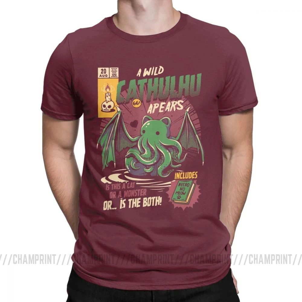 A Wild Cthulhu, футболки для мужчин, чистый хлопок, Повседневная футболка, кот, монстр, череп, Мультяшные топы, Милые Забавные футболки, Новое поступление - Цвет: Бургундия