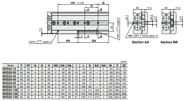 Cilindro de mesa para deslizamento pneumático, mxs8
