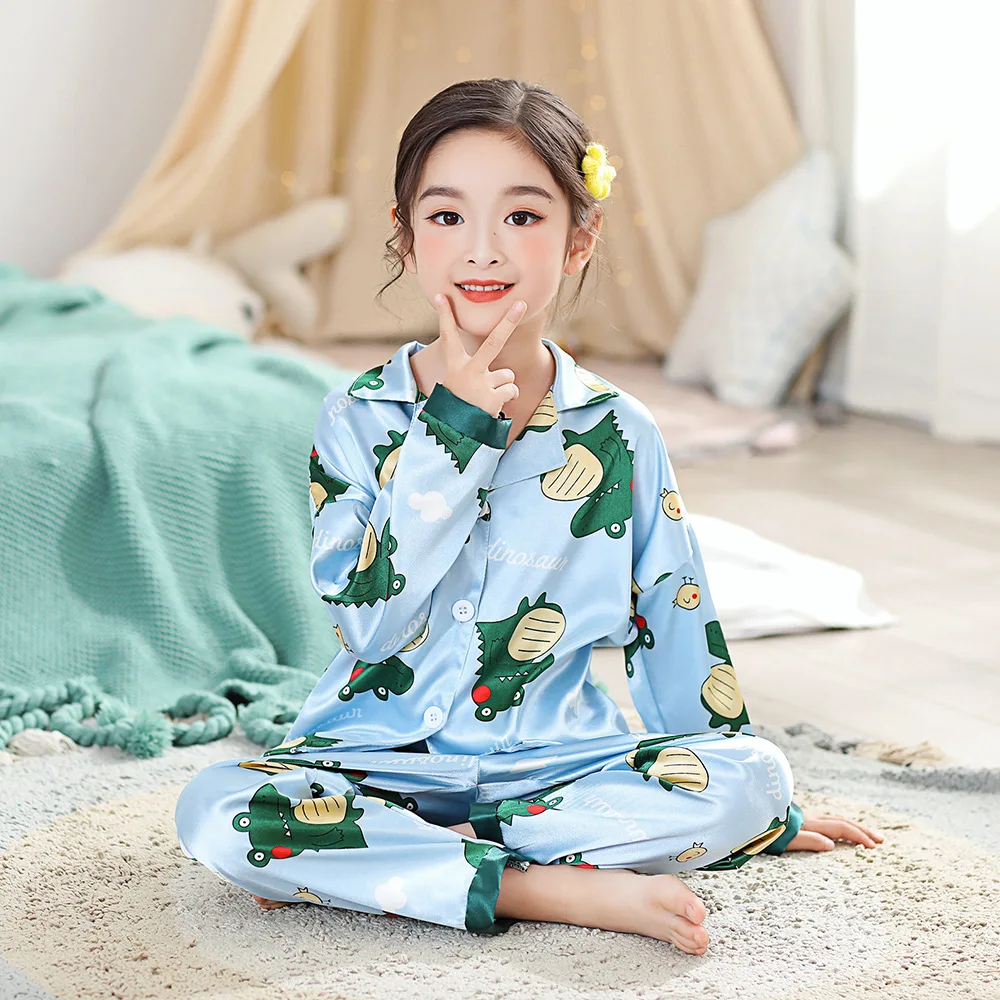 2021 Spring Summer Fall Autumn Boys Girls Button Down Pajamas Childeren Clothing Sets Kids Ice Silk Homewear night gowns cheap Sleepwear & Robes