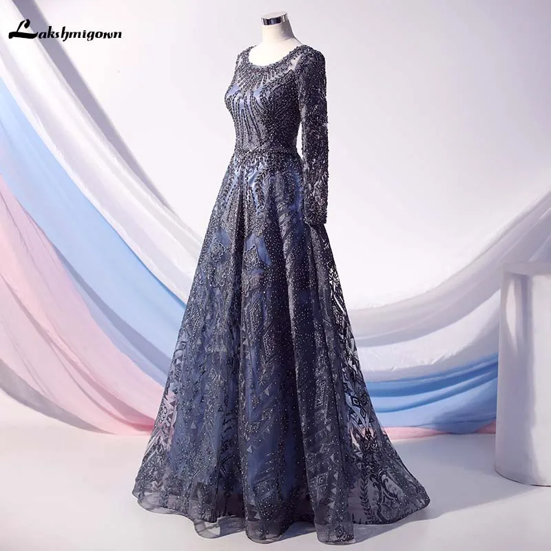Lakshmigown новые синие серые длинные вечерние платья Дубай А-силуэт вечернее платье с длинным рукавом блестящее бисерное женское официальное вечернее платье