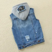 Новинка года; сезон весна-осень; стильный детский джинсовый жилет для мальчиков; детская одежда с капюшоном в европейском и американском стиле