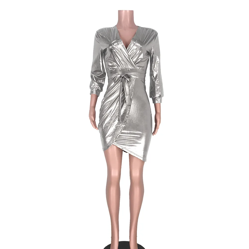 BKLD модное короткое металлическое платье с запахом элегантное женское сексуальное с v-образным вырезом рукав три четверти Бандажное облегающее мини-платье с неровным подолом