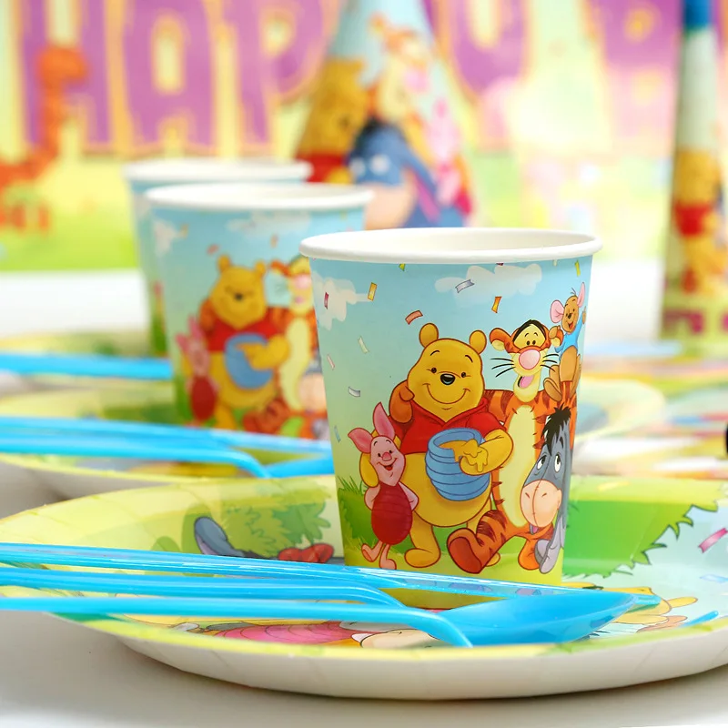 Disney Pooh Children's Birthday Party Supplies Party Tableware Set Paper Towel Tablecloth Paper Plate Knife Fork Spoon Set