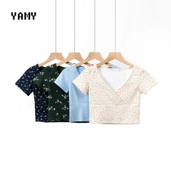 

Short sleeve Womens tiny Crop Tops V neck sexy slim Womens tops and blouses BM Summer casual floral Cropped Tops 2020