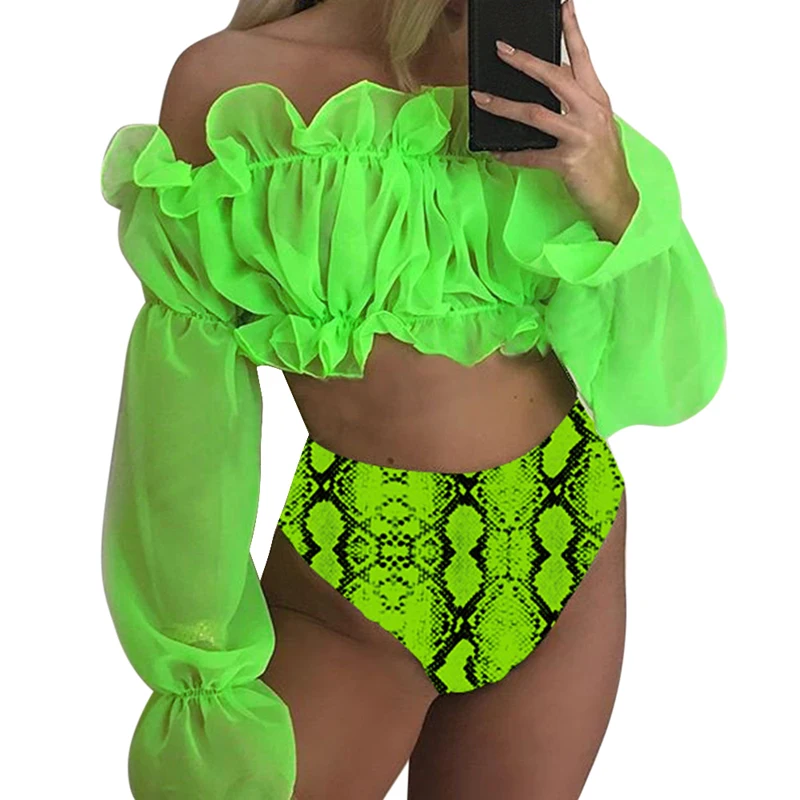 Sexy Green bikini set Swimwear Women Mesh long sleeve swimsuit female High waist bikini Snake printed Bathing suit Mujer