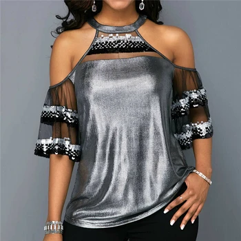 

Women Halter Crew Neck Cold Shoulder Short Sleeve Casual Sequined Blouse Tops Silver Mesh Patchwork Shirts